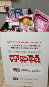 Toys for Tots box filled with toys.