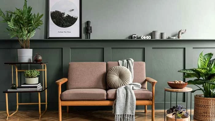 A cleanly decorated living room with a green wall, lots of plants, and a simple sofa