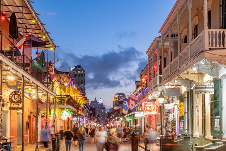 The vivid pulse of the French Quarter in New Orleans.