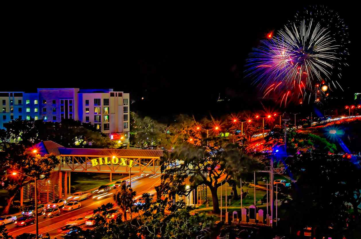 Fireworks boom in the night sky above Biloxi, MS.