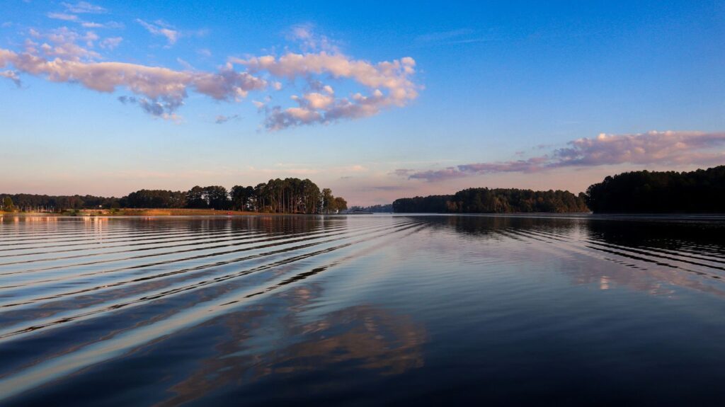 The beautiful water at Lake Sinclair in Georgia at sunset.