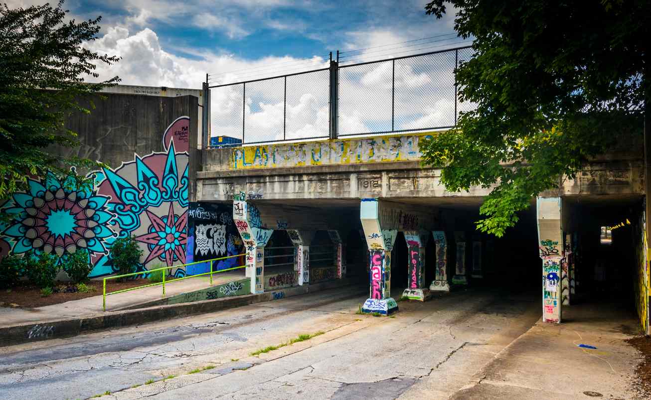 Creative, colorful graffiti paintings outside of the Krog Street Tunnel.