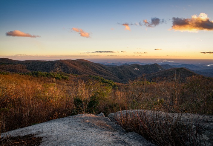 A view in the Blue Ridge Mountains in South Carolina at sunset.